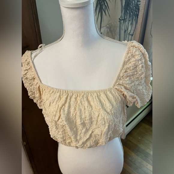 Zara Cotton Blend Gauzy Textured Square Neck Puff Sleeves Crop Top Cream L - Picture 10 of 17
